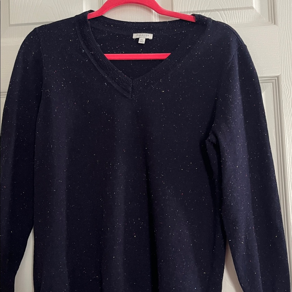 Blue V‑Neck Speckled Knit Sweater